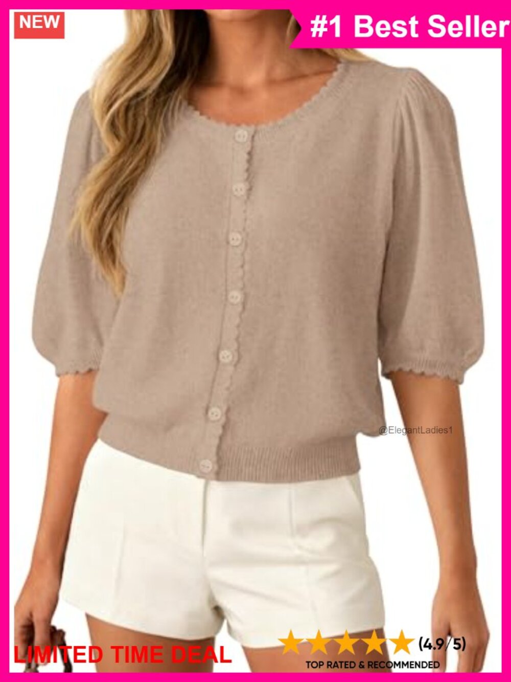 Lightweight Knit Short Sleeve Puff Sleeve Cardigan Button Front Cropped Sweater